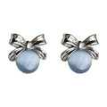 Silver Tone Bow And Blue Gray Round Cabochon Stud Earrings view 5
