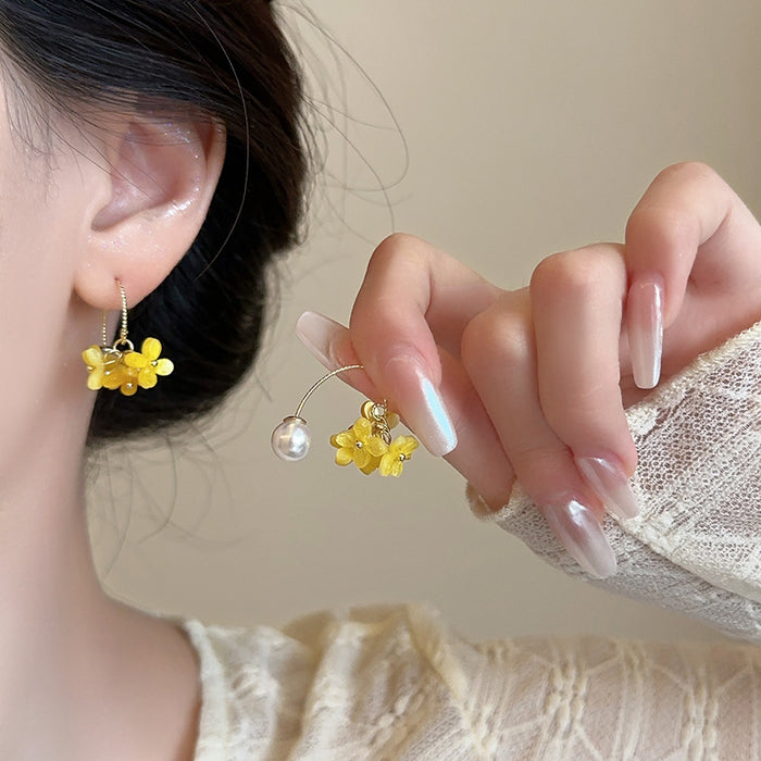Yellow Flower Asymmetric Earrings with Pearl Look Accents