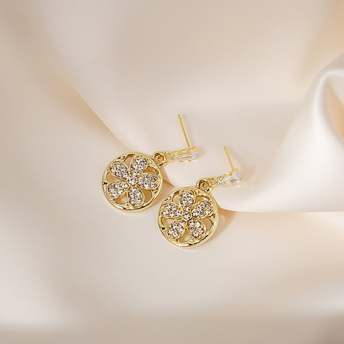 Gold Crystal Flower Disc Drop Earrings Baguette Stud Posts