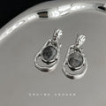 Silver Tone Irregular Double Frame Smoky Oval Stone Drop Earrings view 3