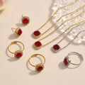 Red Cushion Halo Zircon Necklace Ring Stud Earrings Gold Steel view 2