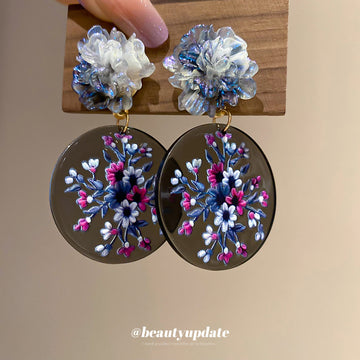 Floral Print Round Disc Earrings with Blue Flower Studs