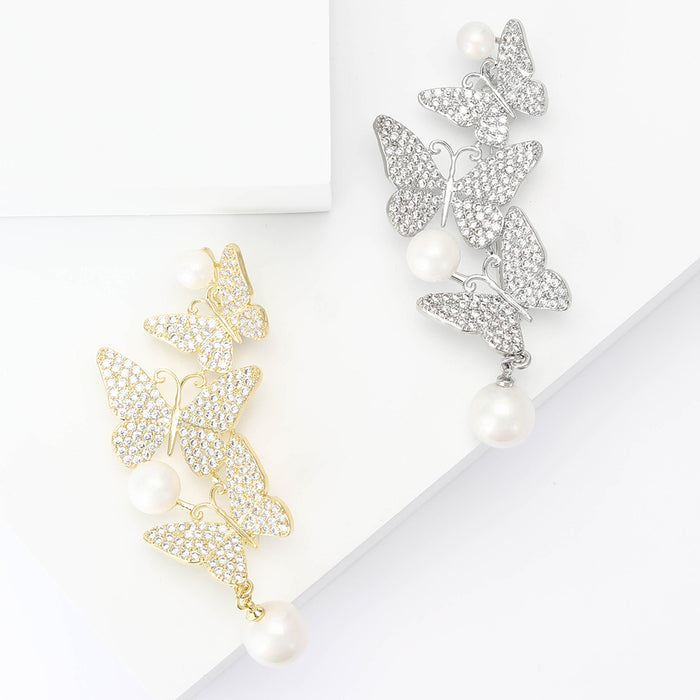 Cascading Triple Butterfly Pearl Dangle Brooch Gold Silver