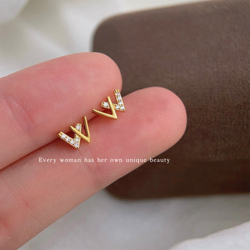 Gold Tone Letter W Mini Stud Earrings Clear Crystal Accents