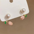 Gold Pink Tulip Pearl Ear Jacket Stud Earrings Green Leaf view 2