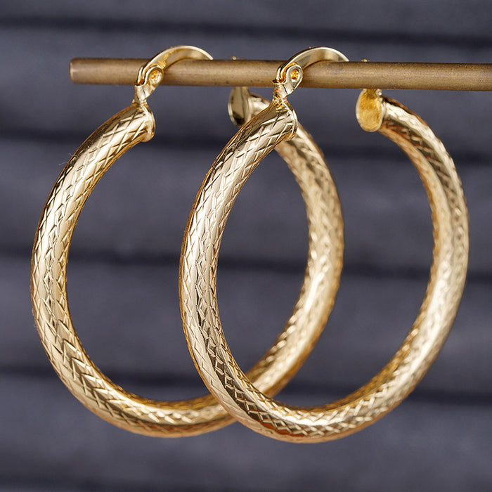 Gold Tone Cross Grid Textured Large Tube Hoop Earrings