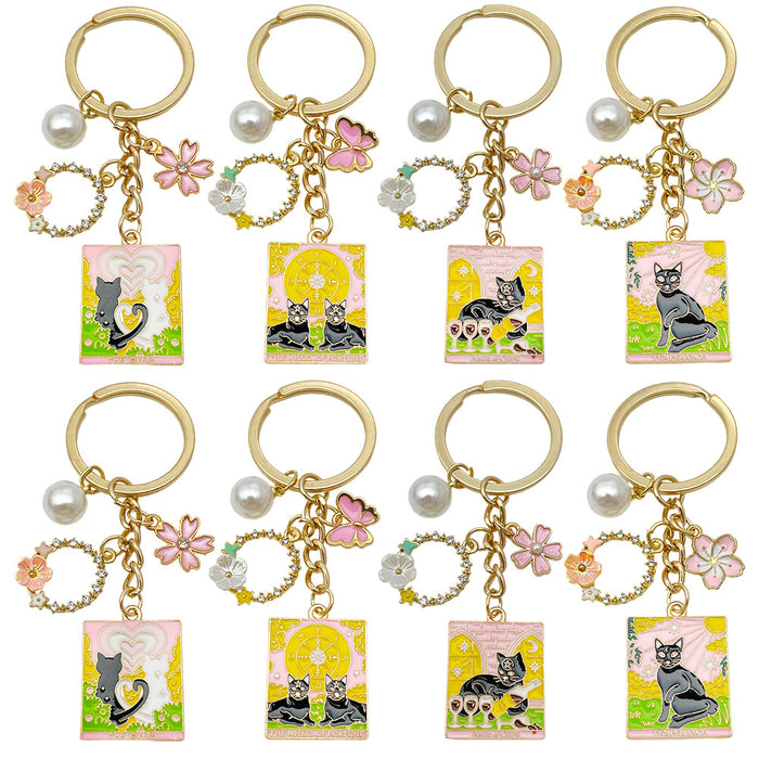 Four Cat Art Card and Floral Metal Keychain Design Set