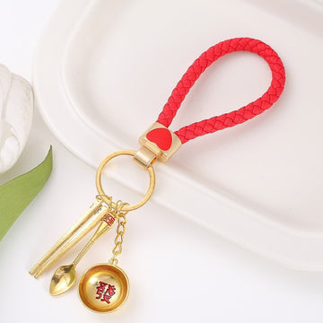 Mini Bowl Spoon Chopsticks Keychain Gold Silver Cord Options