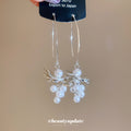 Silver Pearl Grape Cluster Long Hook Earrings with Polished Metal Details view 2