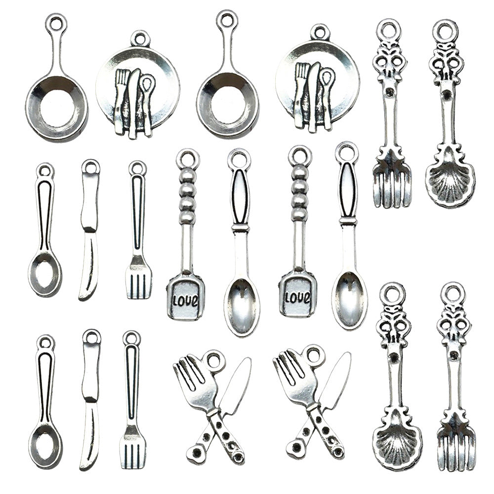 Antique Silver Zinc Alloy Knife Fork Spoon Tableware Charm Pendant for DIY Bracelet
