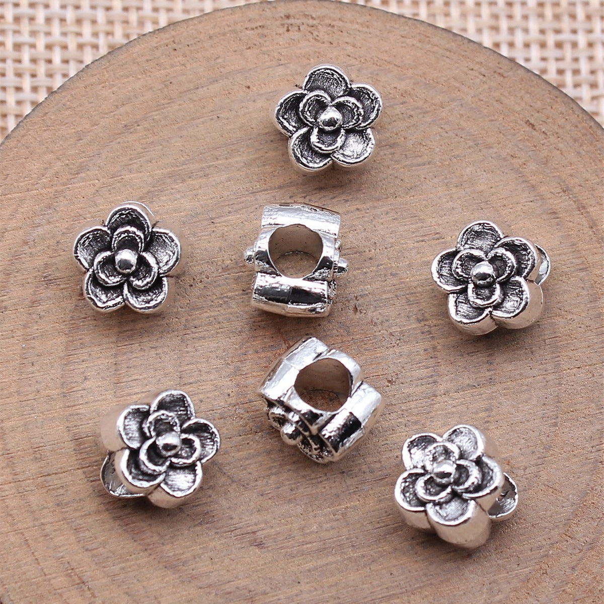 9x9x9mm 1.5g Antique Silver Zinc Alloy Flower Large Hole Beads for DIY Bracelet Necklace Making