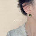 Olive Green Round Crystal Halo Stud Earrings Gold Tone view 2