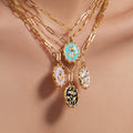 Gold Paperclip Chain Tulip Enamel Oval Pendant Necklace view 2
