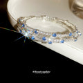 Silver Triple Row Open Cuff Bangle Blue Clear Stones view 2