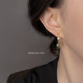 Gold Tone Pearl Pale Green Glass Cabochon Drop Earrings view 2
