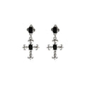 Black Stone Silver Tone Ornate Cross Long Earrings view 5