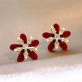 Red Velvet Petal and Crystal Flower Stud Earrings Jewelry Design view 6