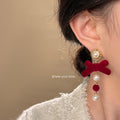 Red Velvet Bow Drop Earrings Pearl Heart And Filigree Posts view 3