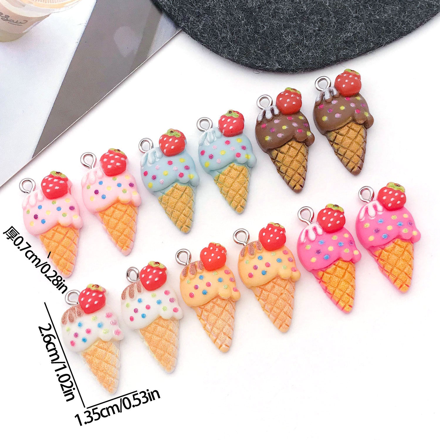 Simulation Resin Strawberry Ice Cream Cone Charm Pendant for DIY Necklace Bracelet Keychain