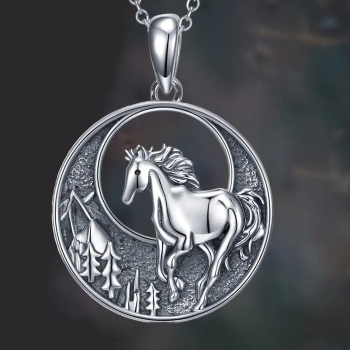 Silver Horse Forest Crescent Pendant Necklace Drop Earrings