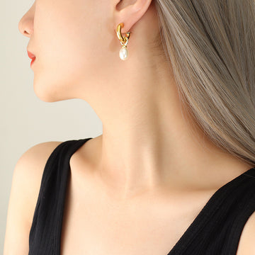 Crystal Bridge Hoop Earrings with White Pearl Drop in Gold Tone