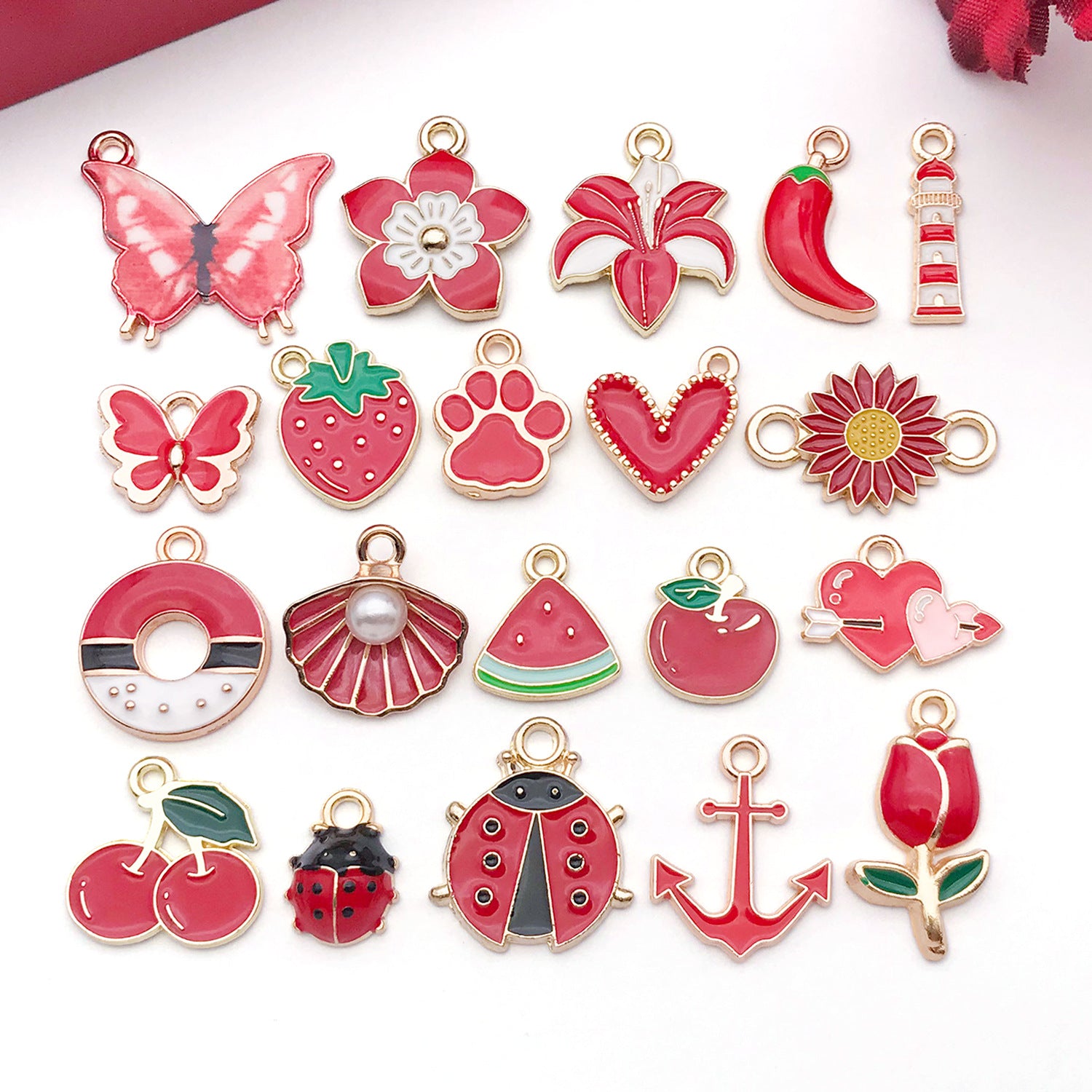 Acrylic Red Enamel Heart Butterfly Rose Flower Charm Pendant for DIY Bracelet Necklace Making