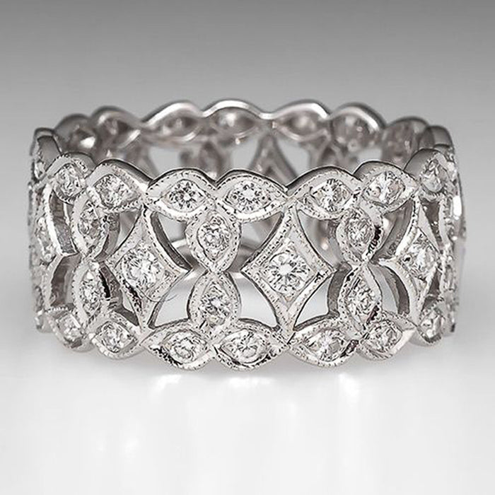 White Metal Openwork Geometric Pave Band Ring Sizes 6-10