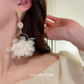 White Petal Cluster Gold Hook Earrings Polished Metal Jewelry view 4