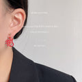 Asymmetric Red Enamel Fu Flower Rabbit Drop Stud Earrings view 2