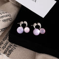 Blue and Pink Double Round Bead Silver Tone Hoop Earrings view 2