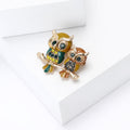 Gold Tone Enamel Twin Owl Rhinestone Branch Brooch view 3