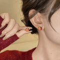 Red Pomegranate Gold Tone Fruit Motif Stud Earrings view 2