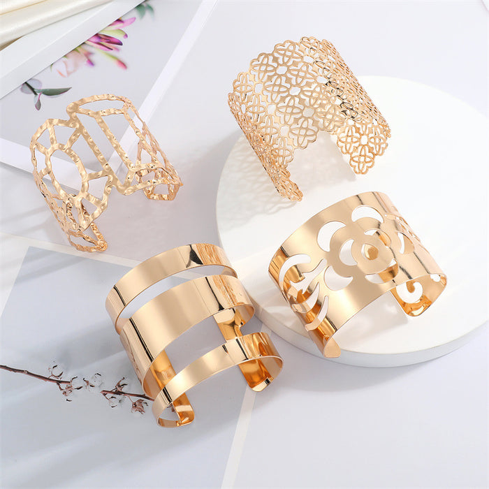 Gold Tone Wide Openwork Cuff Bracelets in Four Geometric Designs