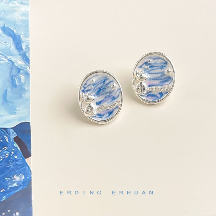 Blue Enamel Cat Star Oval Stud Earrings Silver Tone