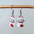 White and Gold Lucky Cat Drop Earrings with Fishhook Ear Wires view 4