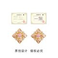 Gold Diamond Shape Pink CZ Floral Petal Stud Earrings view 3
