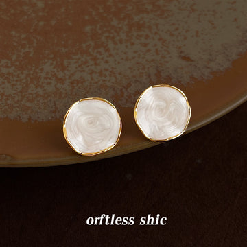 Irregular Round Cream Swirl Enamel Stud Earrings Gold Rim