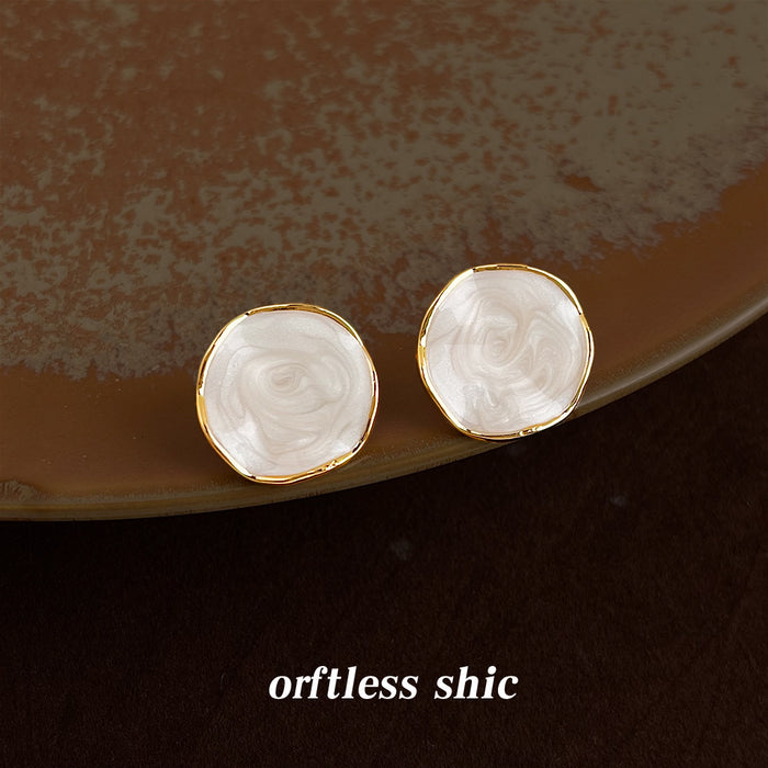 Irregular Round Cream Swirl Enamel Stud Earrings Gold Rim