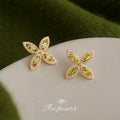 Gold Tone Olive Green Four-Petal Flower Zircon Stud Earrings view 4
