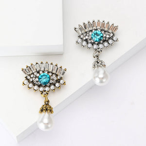 Evil Eye Crystal Brooch with Hanging Pearl in Two Tones