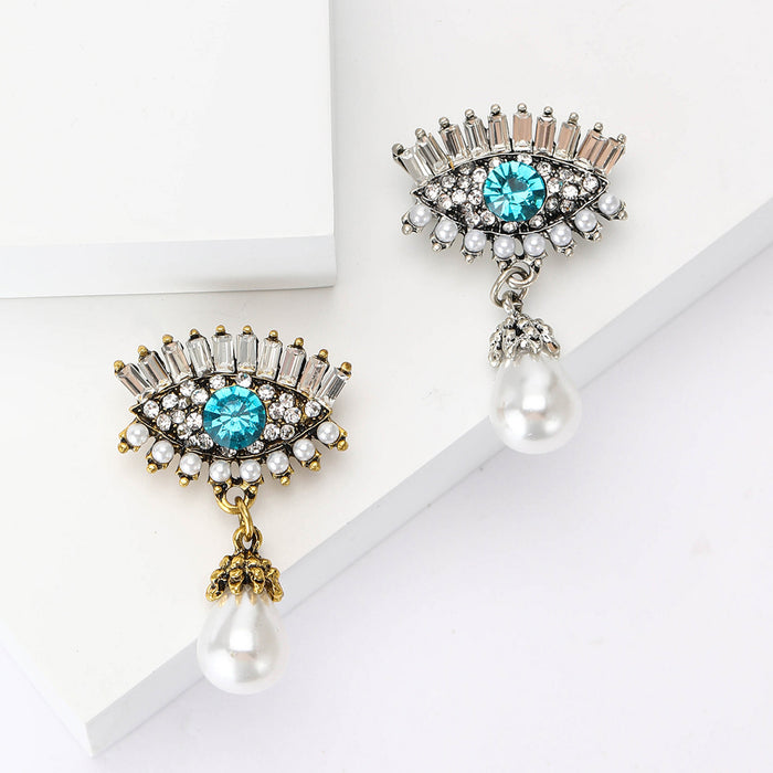 Evil Eye Crystal Brooch with Hanging Pearl in Two Tones