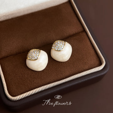 Cream White Enamel Stud Earrings Gold Crystal Caps