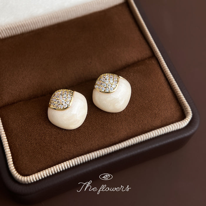 Cream White Enamel Stud Earrings Gold Crystal Caps