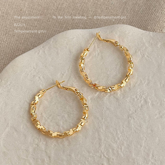Gold Tone Square Link Textured Large Hoop Earrings For Women