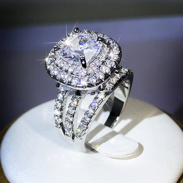Square Clear Solitaire Double-Halo Triple-Rail Ring Silver Tone