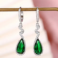 Green Pear-Shaped Halo Long Drop Earrings In Silver Tone view 2