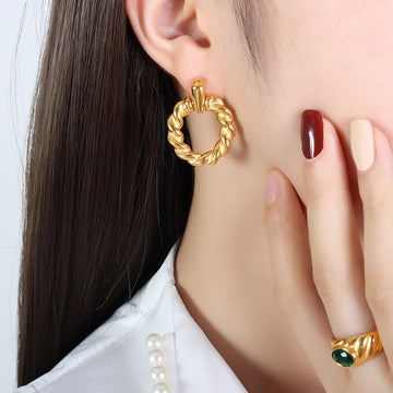 Twisted Rope Circle Hoop Stud Earrings Gold and Steel Tone