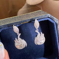 White Gold Faux Pearl Leaf Drop Earrings Clear Pavé view 5