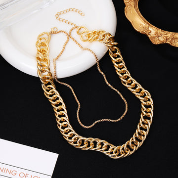 Gold Chunky Curb Chain and Fine Chain Layered Necklace