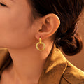Gold Threaded Double Circle Drop Hoop Earrings Stainless Steel view 2